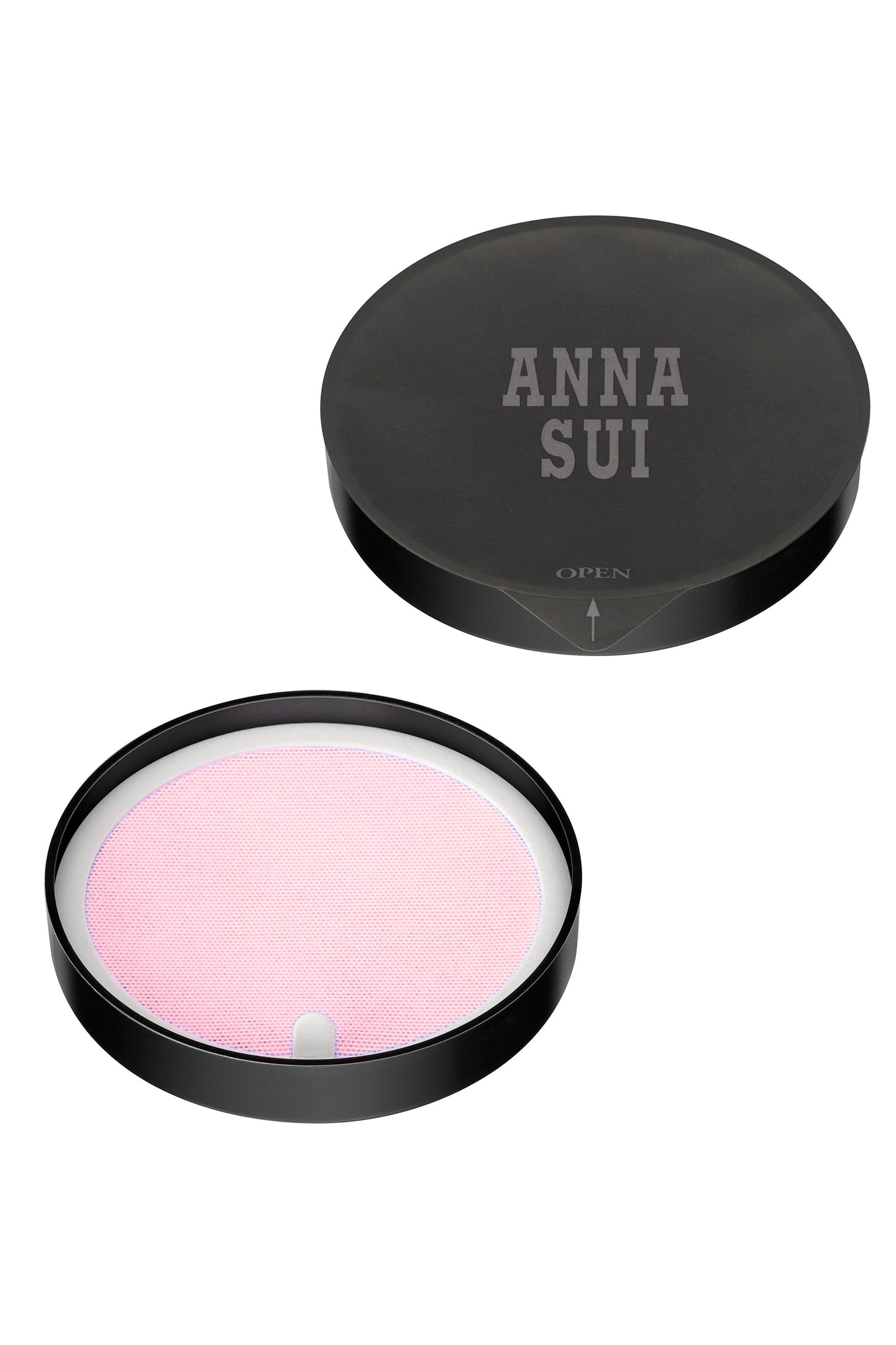 Black round container, Anna Sui label on top, with an open sign, loose Face Powder #300