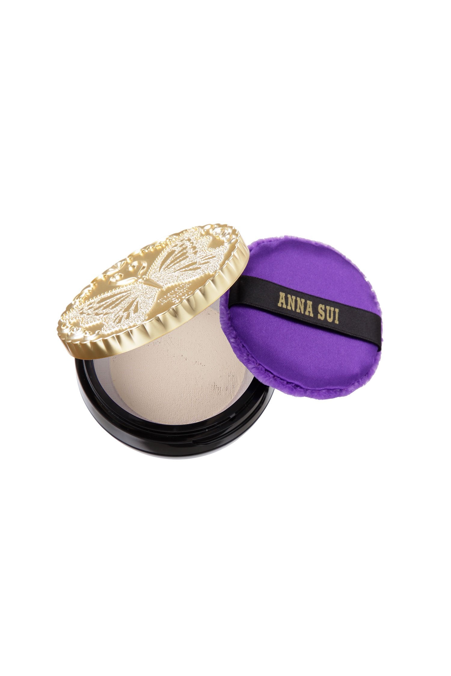 Mini Loose SHINY BEIGE Powder Set, round black case, with a golden lid with engraved butterfly on top, and a purple pad.