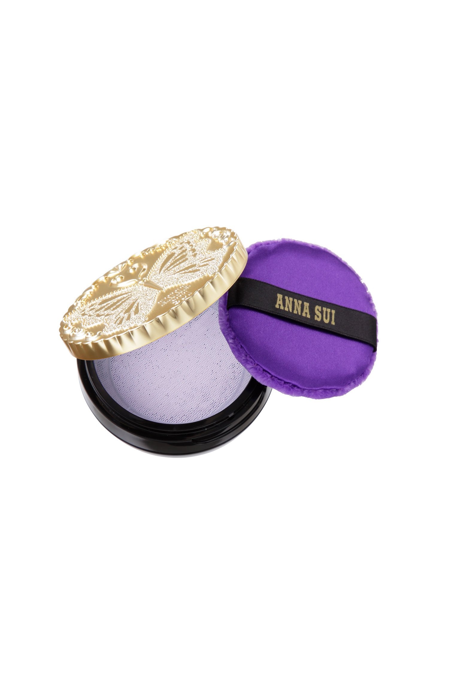 Mini Loose LIGHT PURPLE Powder Set, round black case, with a golden lid with engraved butterfly on top, and a purple pad.