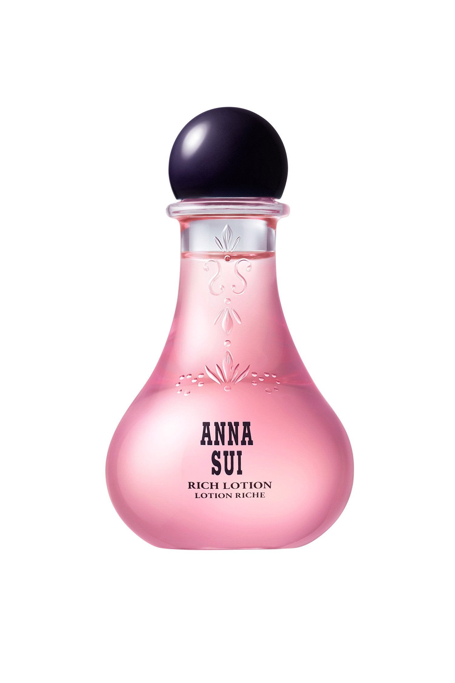 In a transparent pink, bulb-shaped container, floral design and Anna branding, a round cap on top