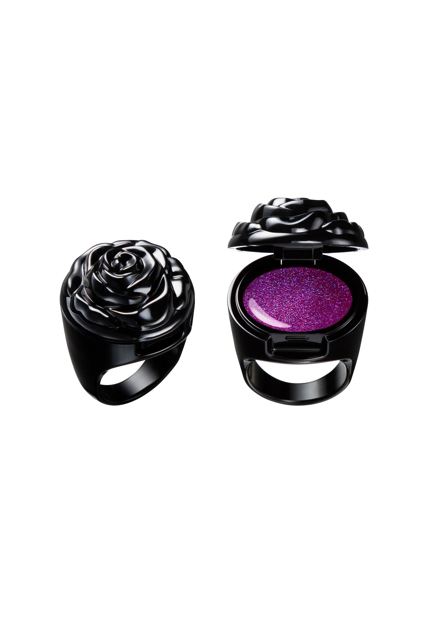MYSTIC PURPLE in a black ring container, black rose as a cap, makeup inside