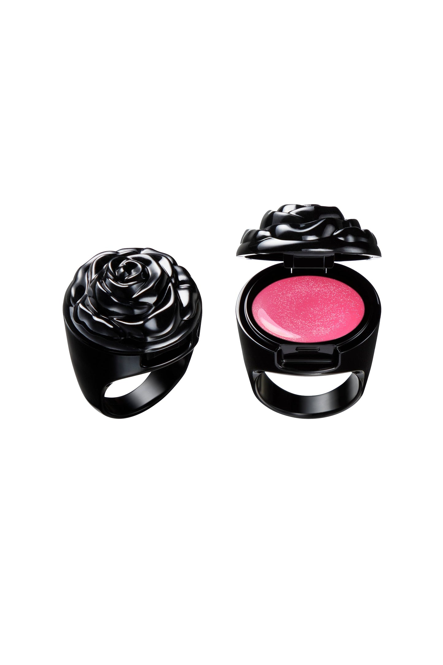 CHARMING PINK in a black ring container, black rose as a cap, makeup inside