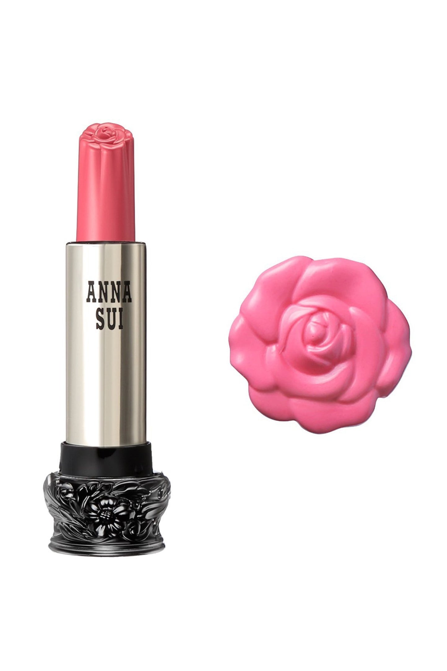 300 - Pale Pink Peony Lipstick F: Fairy Flower, in a cylindrical container, large black base, engraved floral design, metallic body