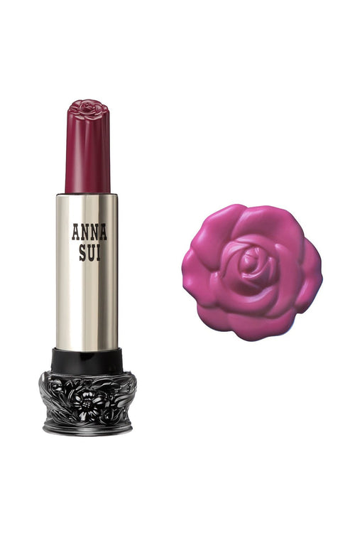 201 - Plum Pink Orchid Lipstick F: Fairy Flower, in a cylindrical container, large black base, engraved floral design, metallic body