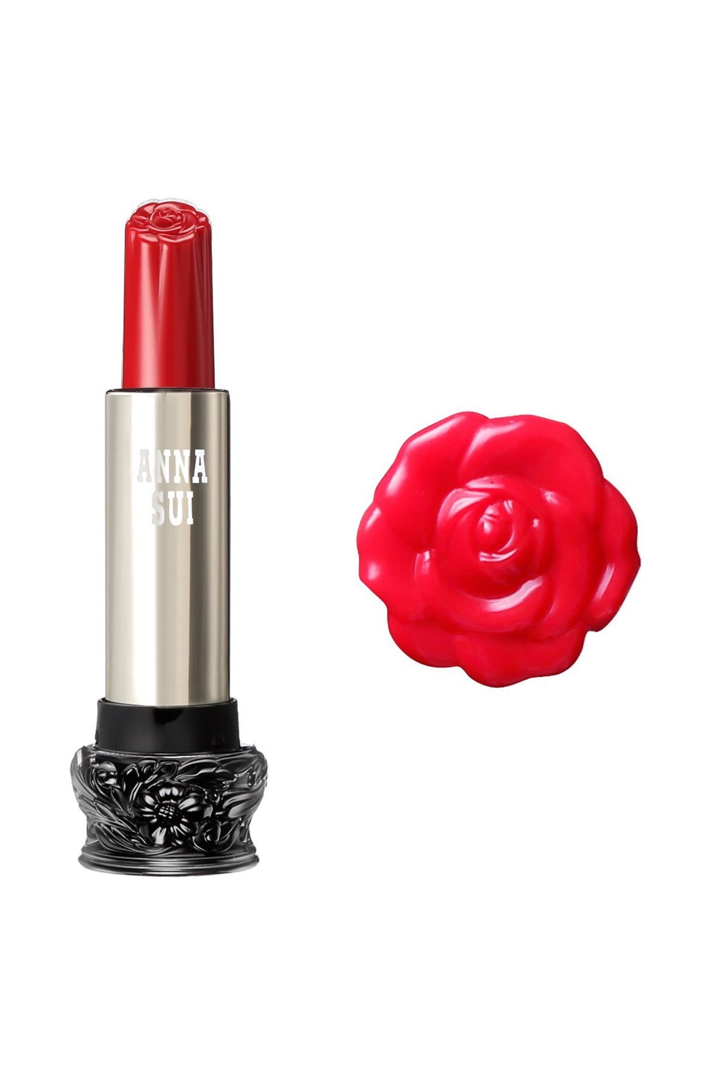 400-Clear Red Poppy Lipstick S: Sheer Flower, cylindrical, large black base, engraved floral design, metallic body 