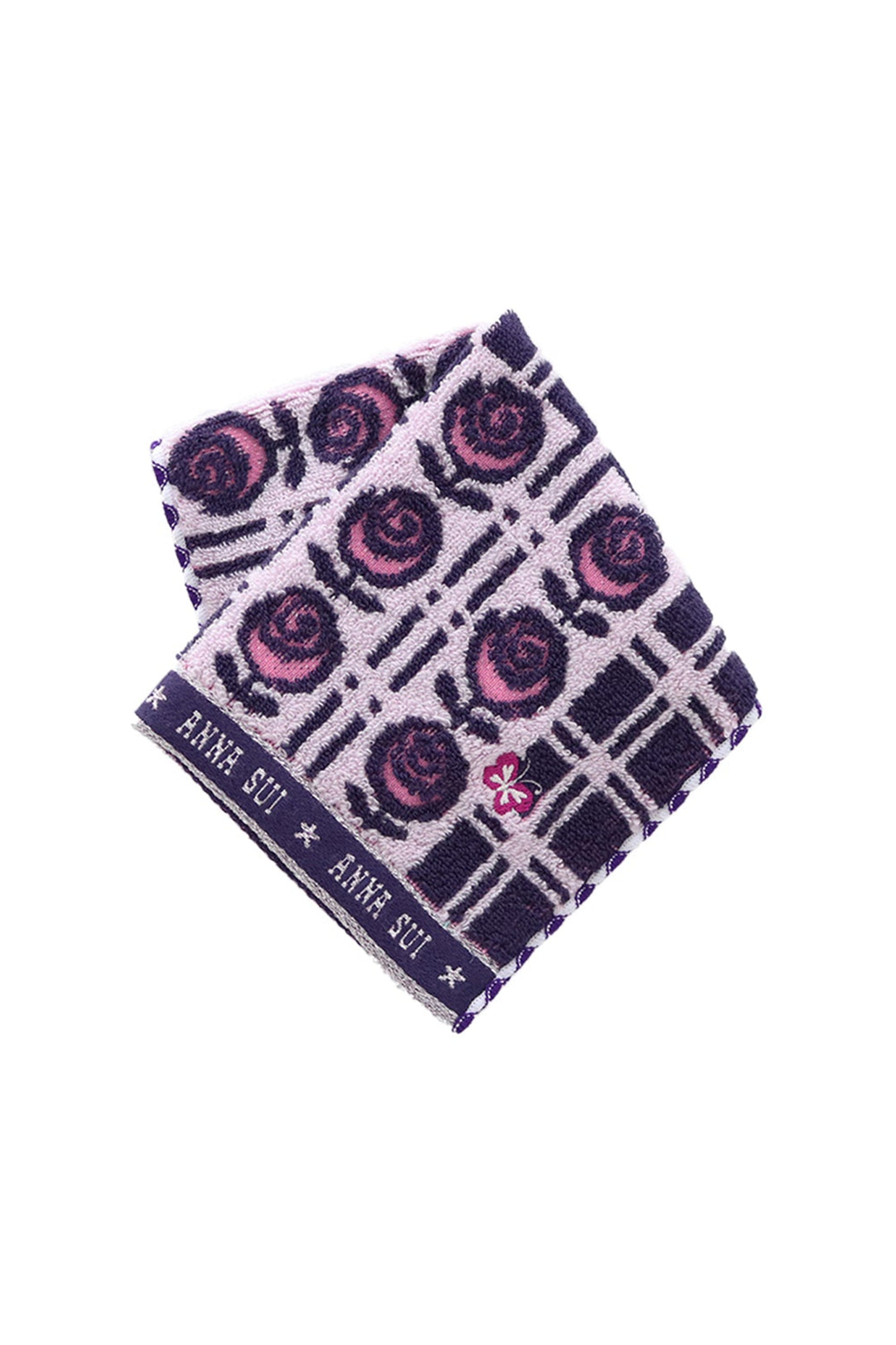  Washcloth, red roses on white, black border at bottom white Anna Sui's signature, red butterfly
