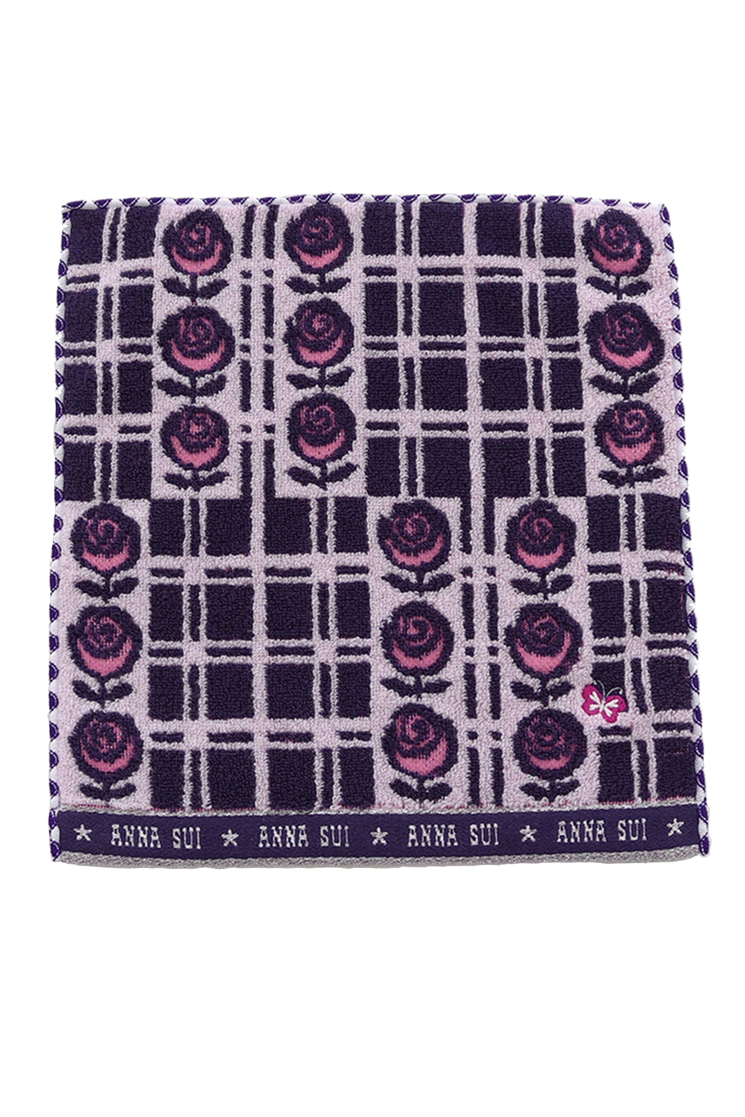 Washcloth, black with pink roses on white, black border at bottom with white Anna Sui's signature