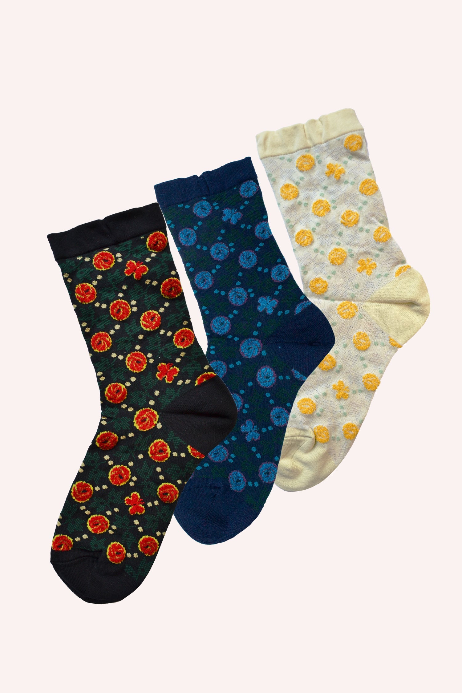 Rosy Dot Sock Bundle, 3-pair of Socks, greenish, blue, light yellow, just above the ankles  