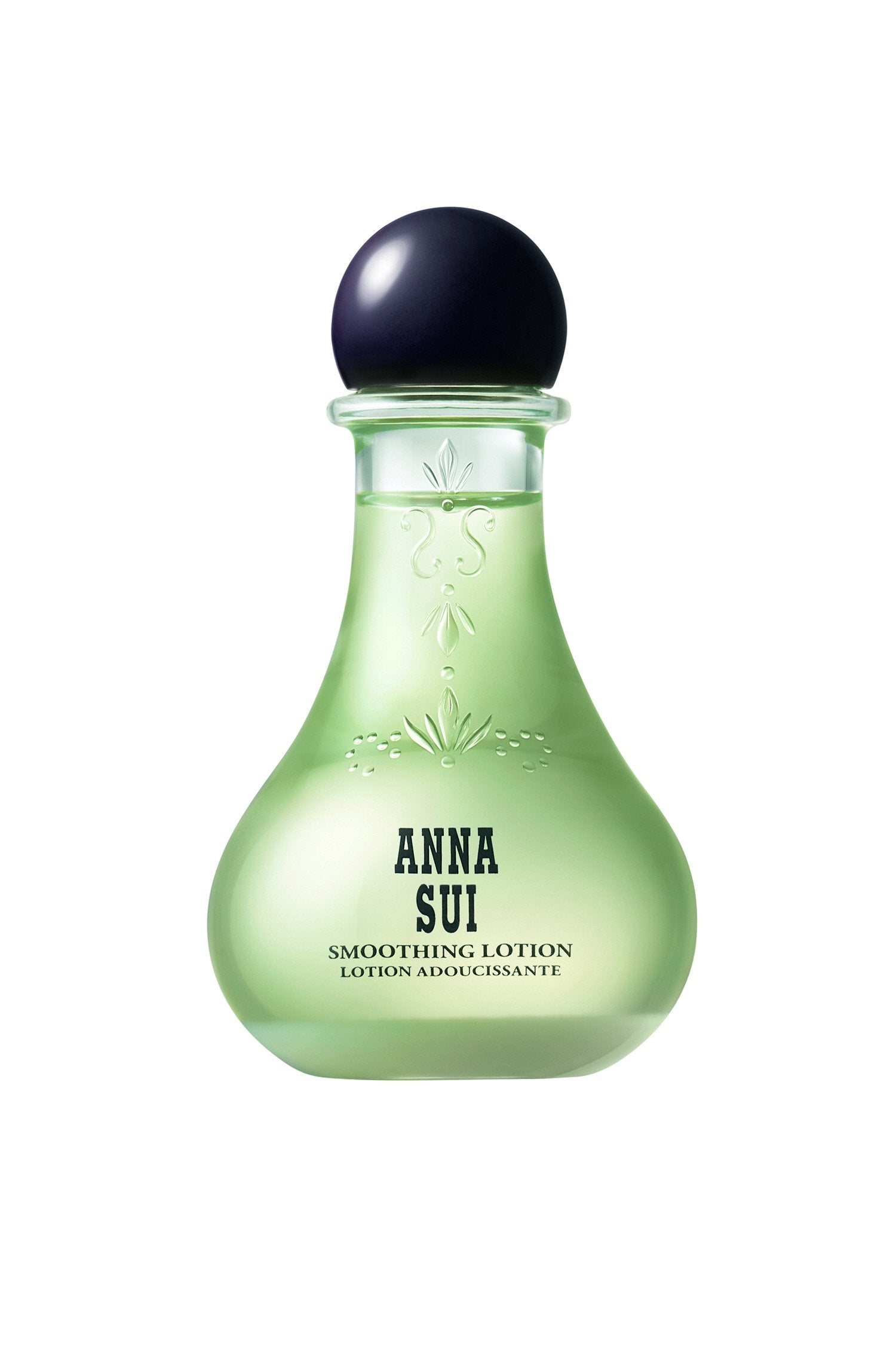 In a transparent green, bulb-shaped container, floral design and Anna branding, a round cap on top