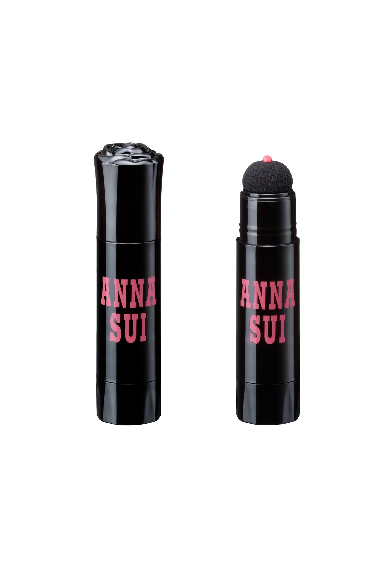 Sponge cheek liquid blush, Anna Sui on cylinder case, rose on top, round cushion sponge applicator