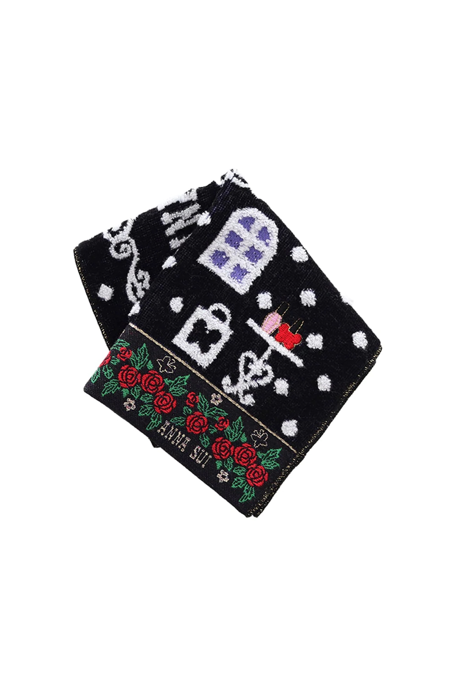 Washcloth, squared black, white shop design, white Anna Sui label on bottom with red roses line 