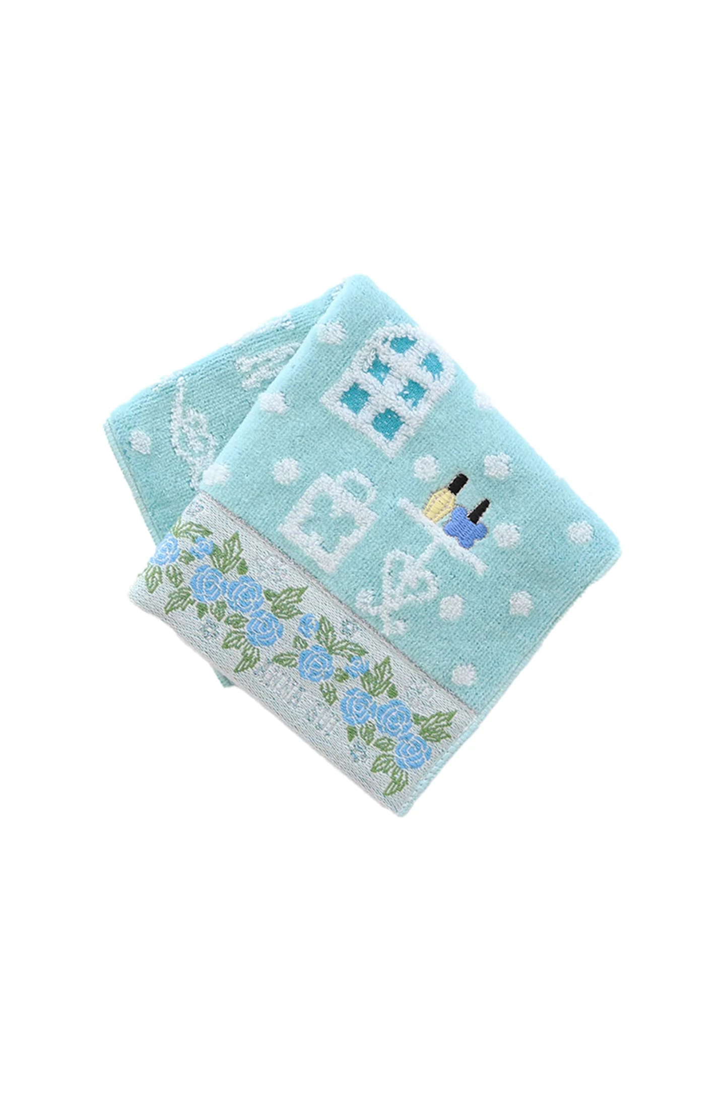 Washcloth, squared baby blue, white shop design, white Anna Sui label on bottom with blue roses line 