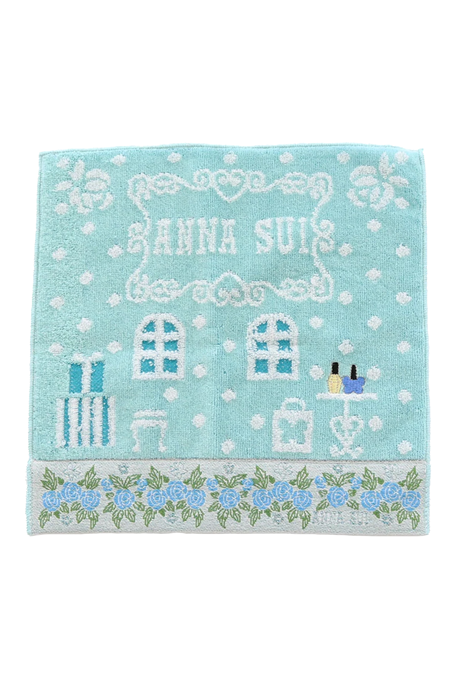 Washcloth, baby blue, white shop design, Anna Sui label, presents, table, bottom with blue roses line