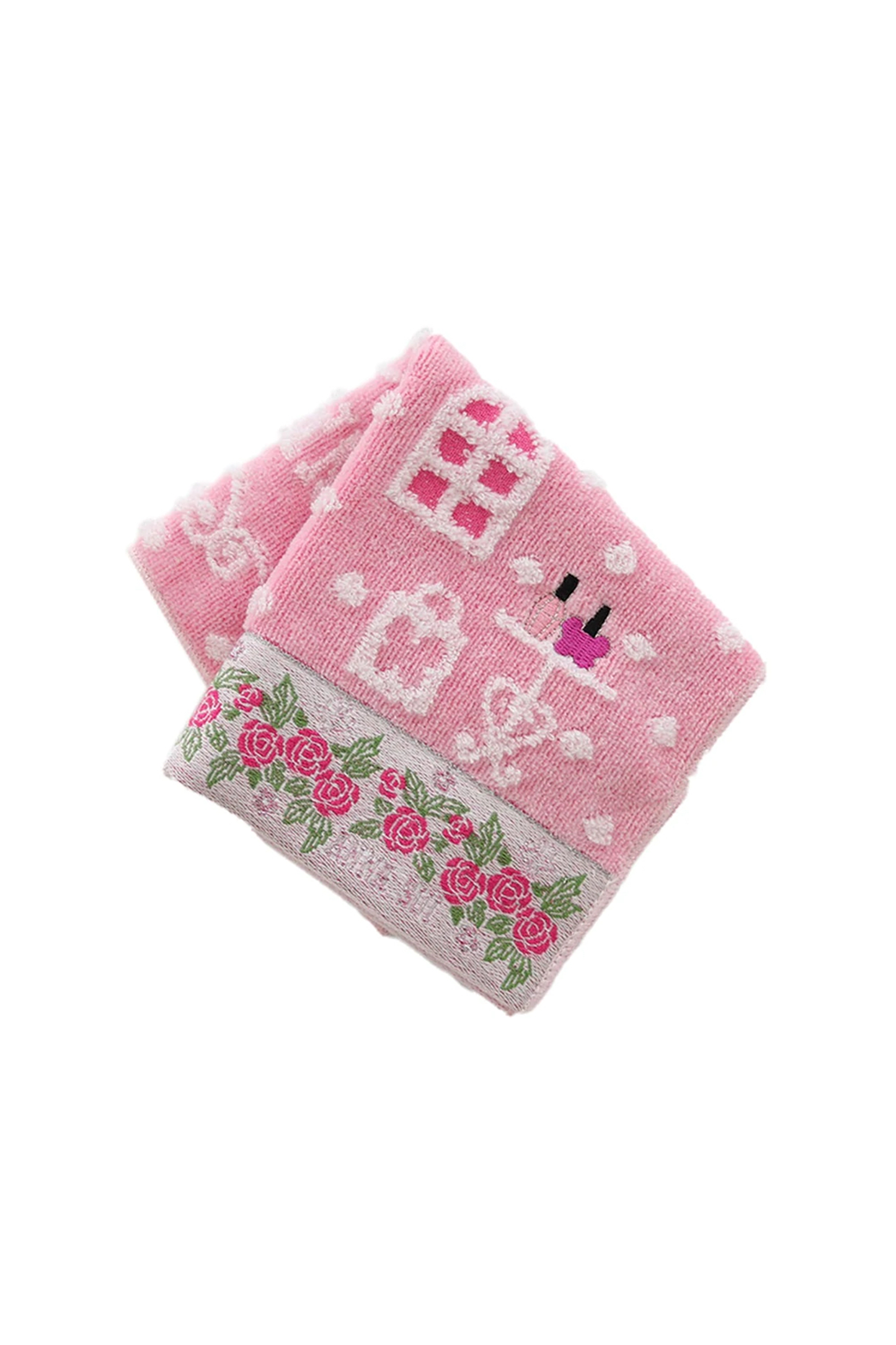 Washcloth, squared baby pink, white shop design, white Anna Sui label on bottom with pink roses line