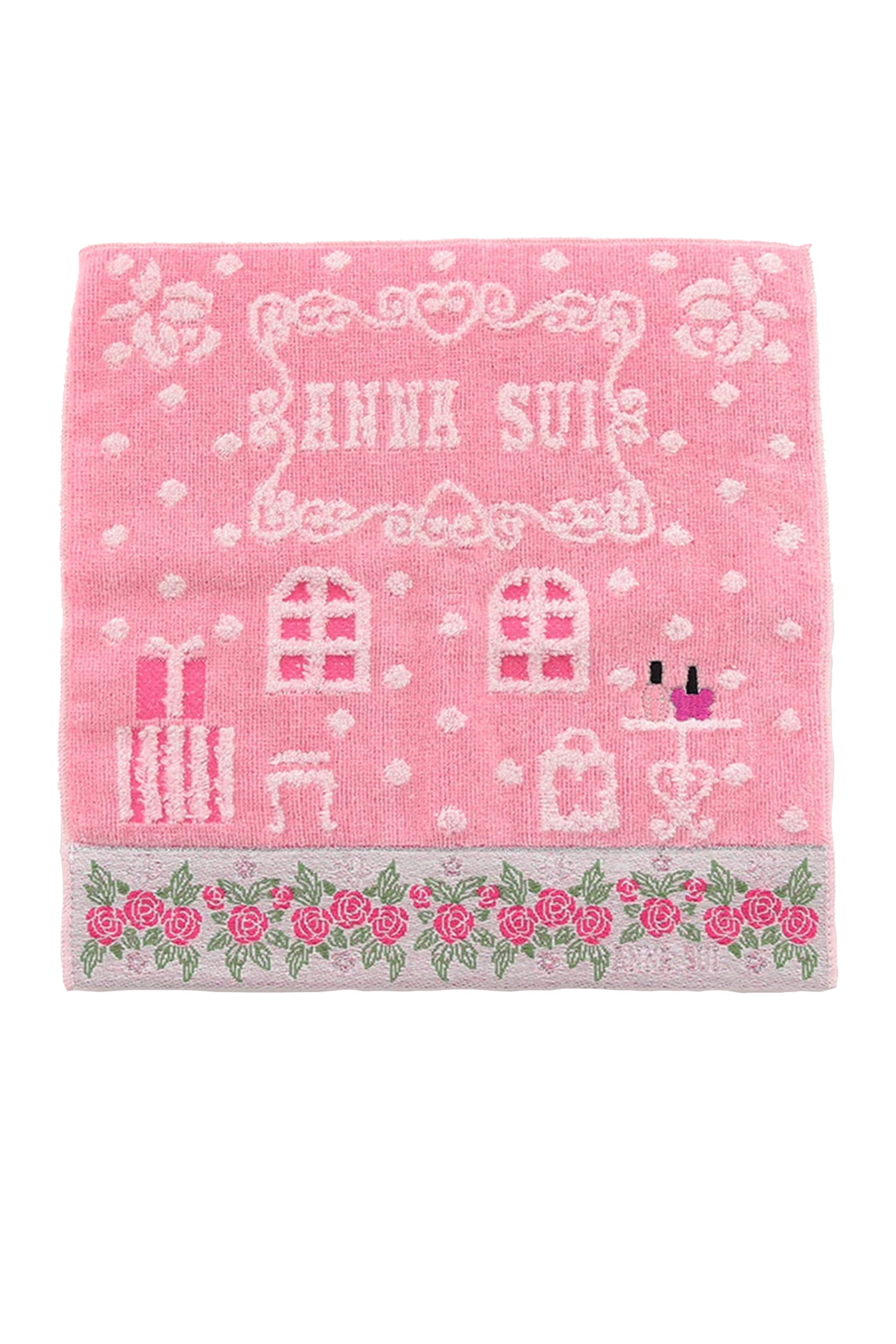 Washcloth, baby pink, white shop design, Anna Sui label, presents, table, bottom with pink roses line