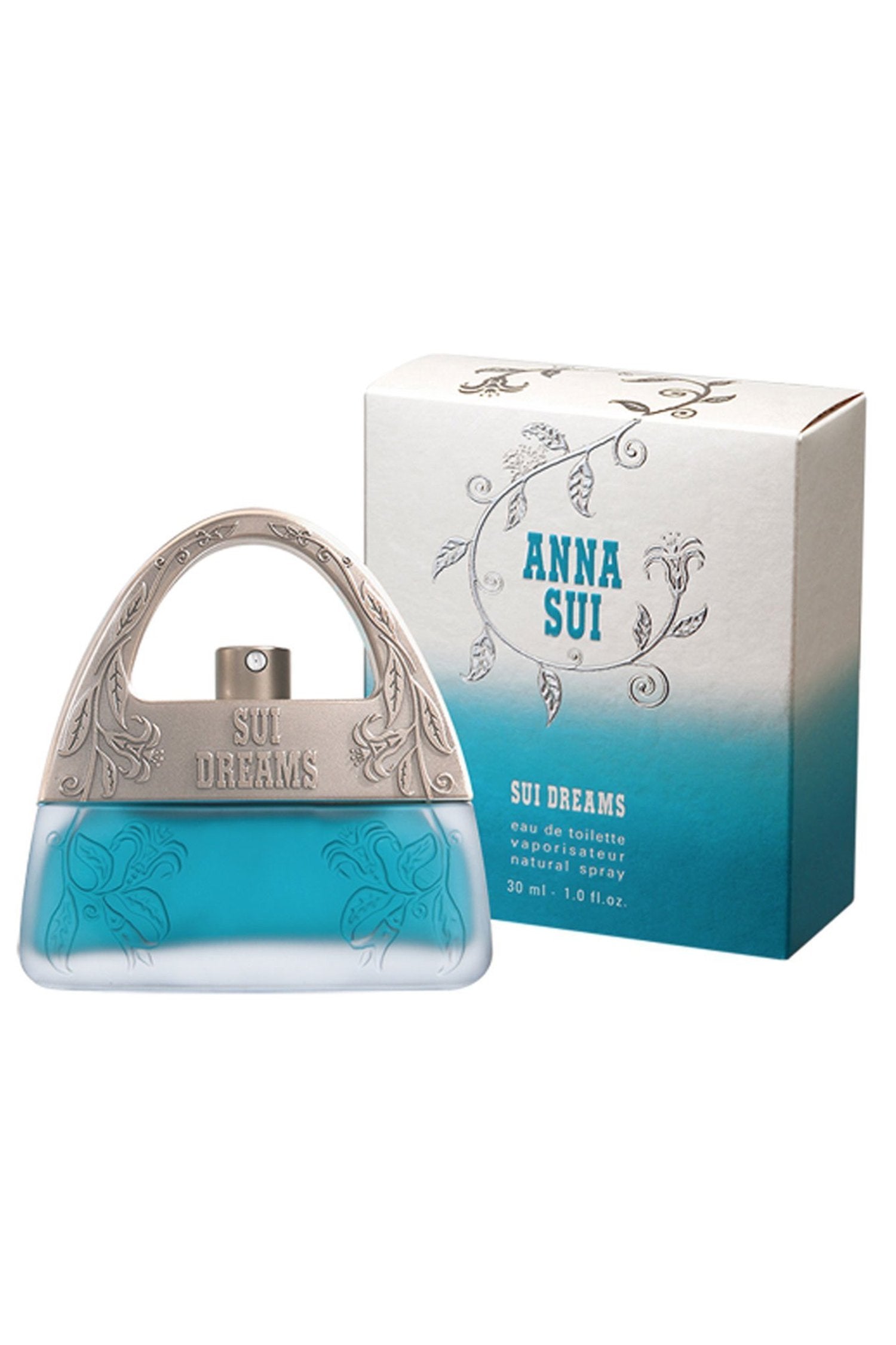 Sui Dream is a blue-colored bottle, bag-shaped handle, sprayer, blue box features a floral design