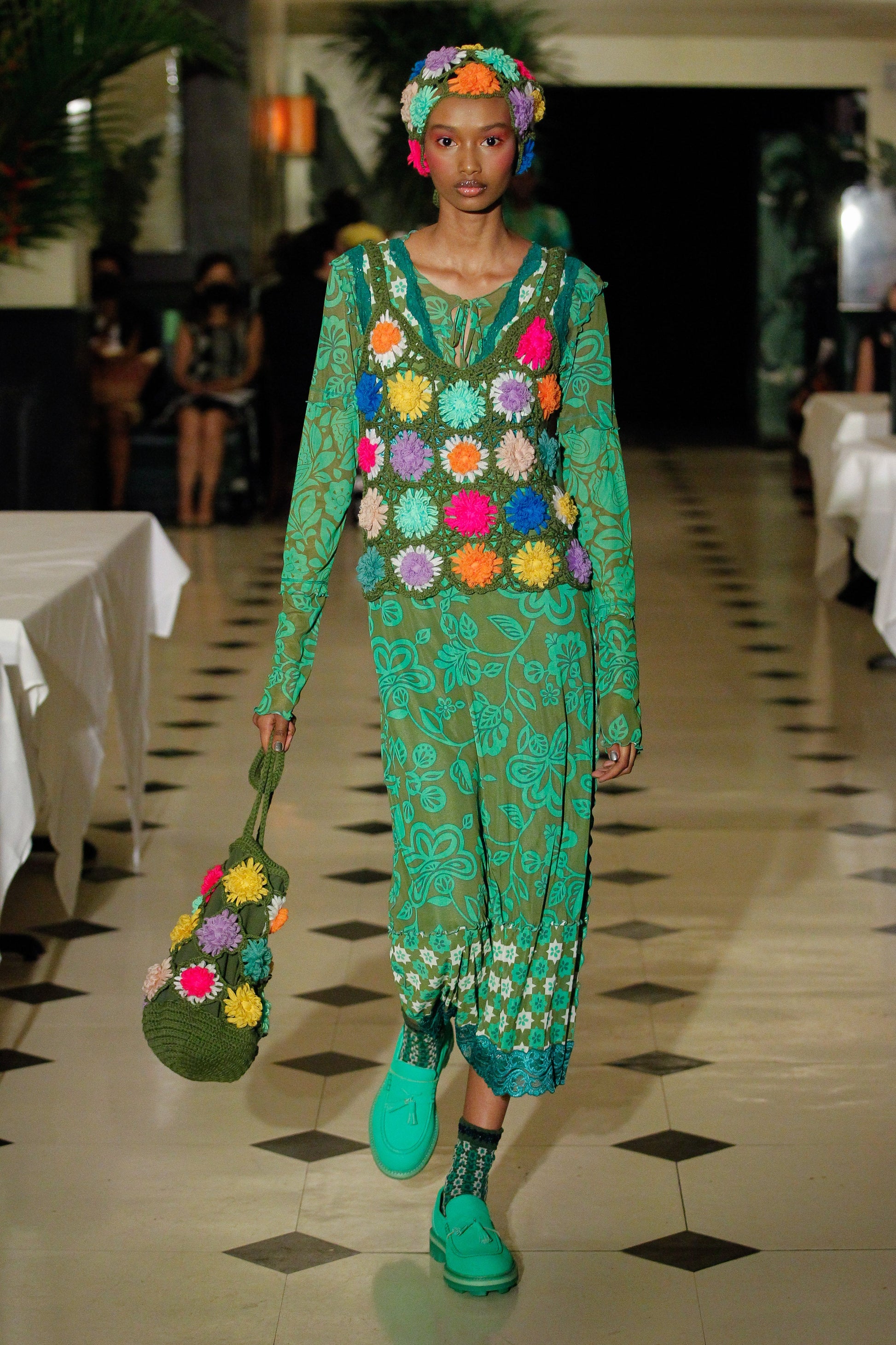 On the runway, Rainbow 3D Floral Hand Crochet Bag, multicolored flowers on a military green