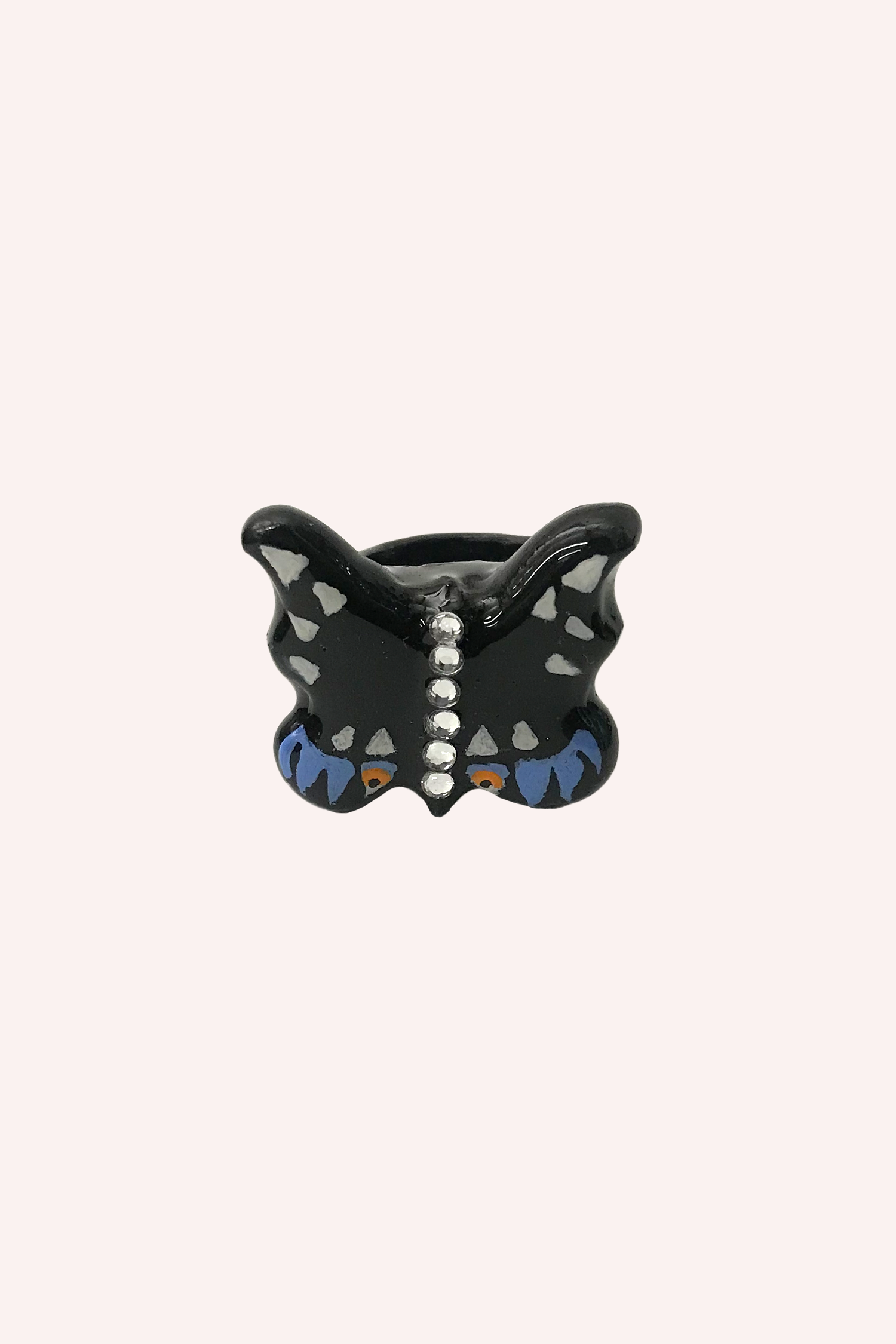 Swallowtail chunky butterfly with blue, orange, and grey hand painted shape on wings  