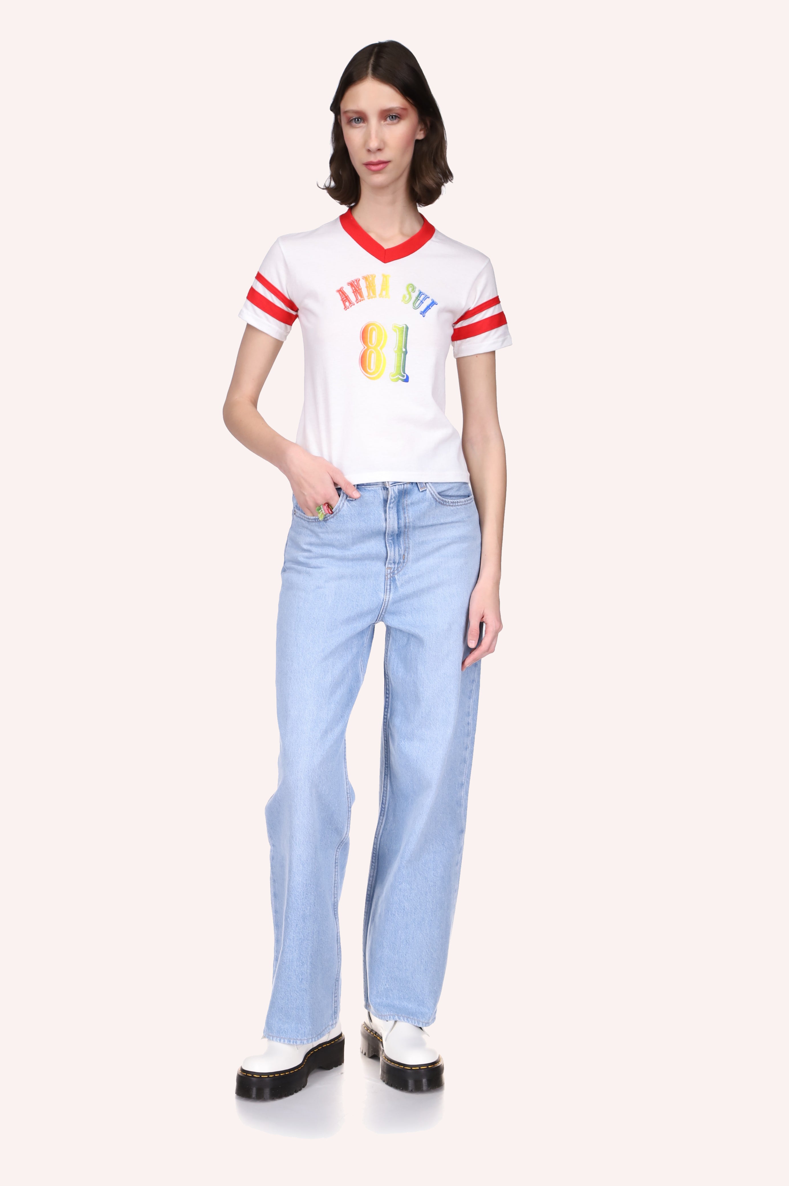 Anna Sui 81 V Neck Rainbow Football Tee, V-collar, short sleeves, white, with red highlight, and rainbow print