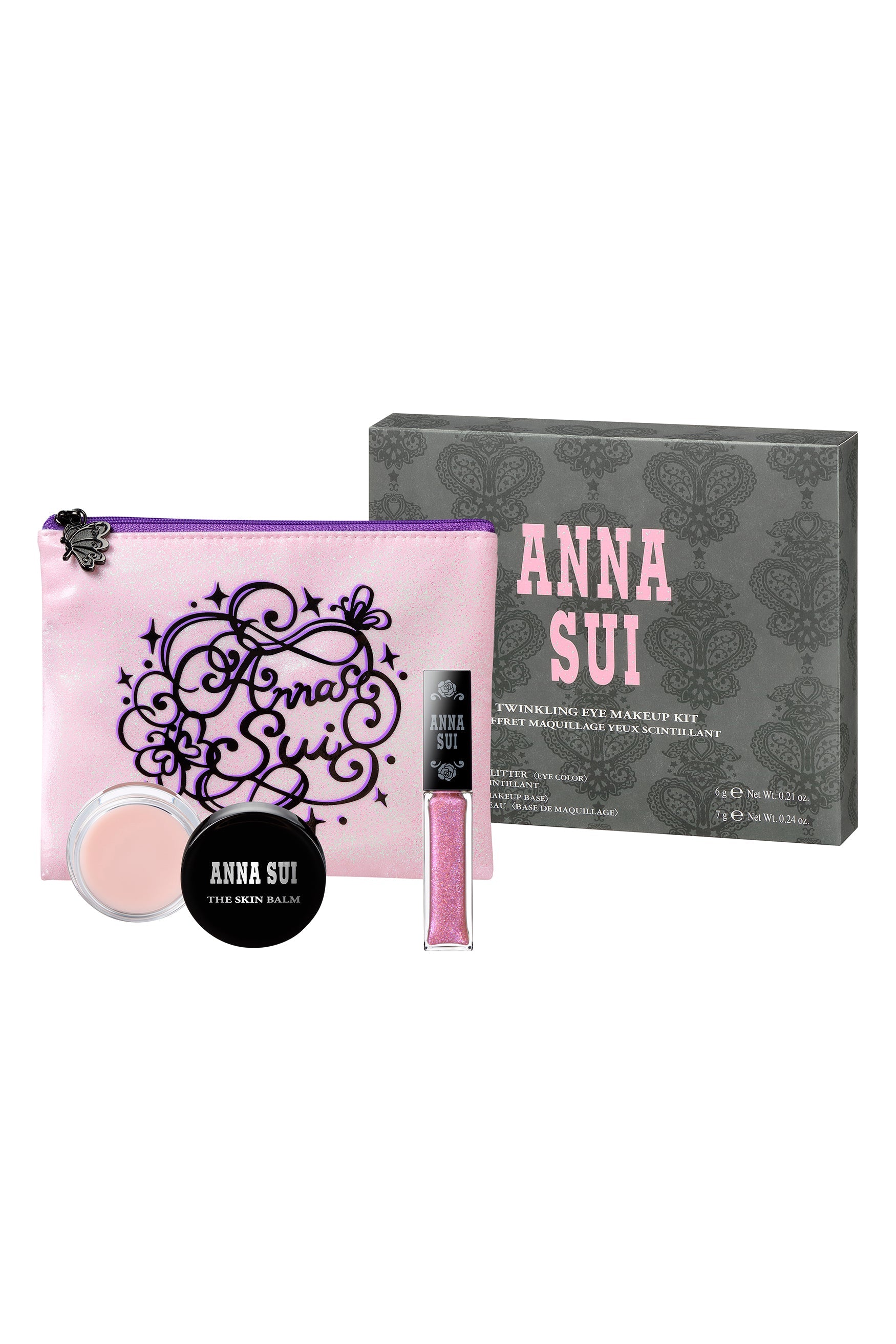Twinkling Eye Makeup grey box, pink A.S. label, pink pouch, PINK PARADE Eye Glitter