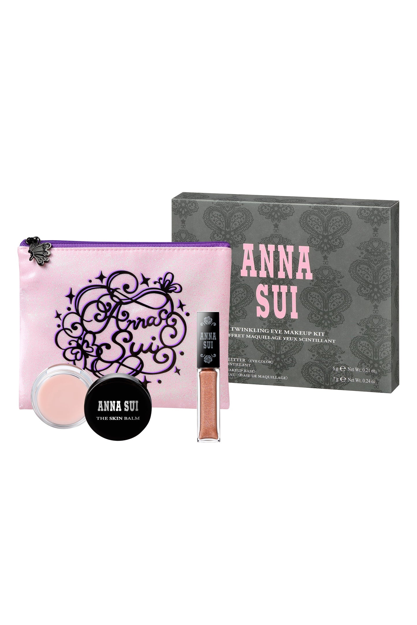 Twinkling Eye Makeup grey box, pink A.S. label, pink pouch, HONEY GLOW Eye Glitter.