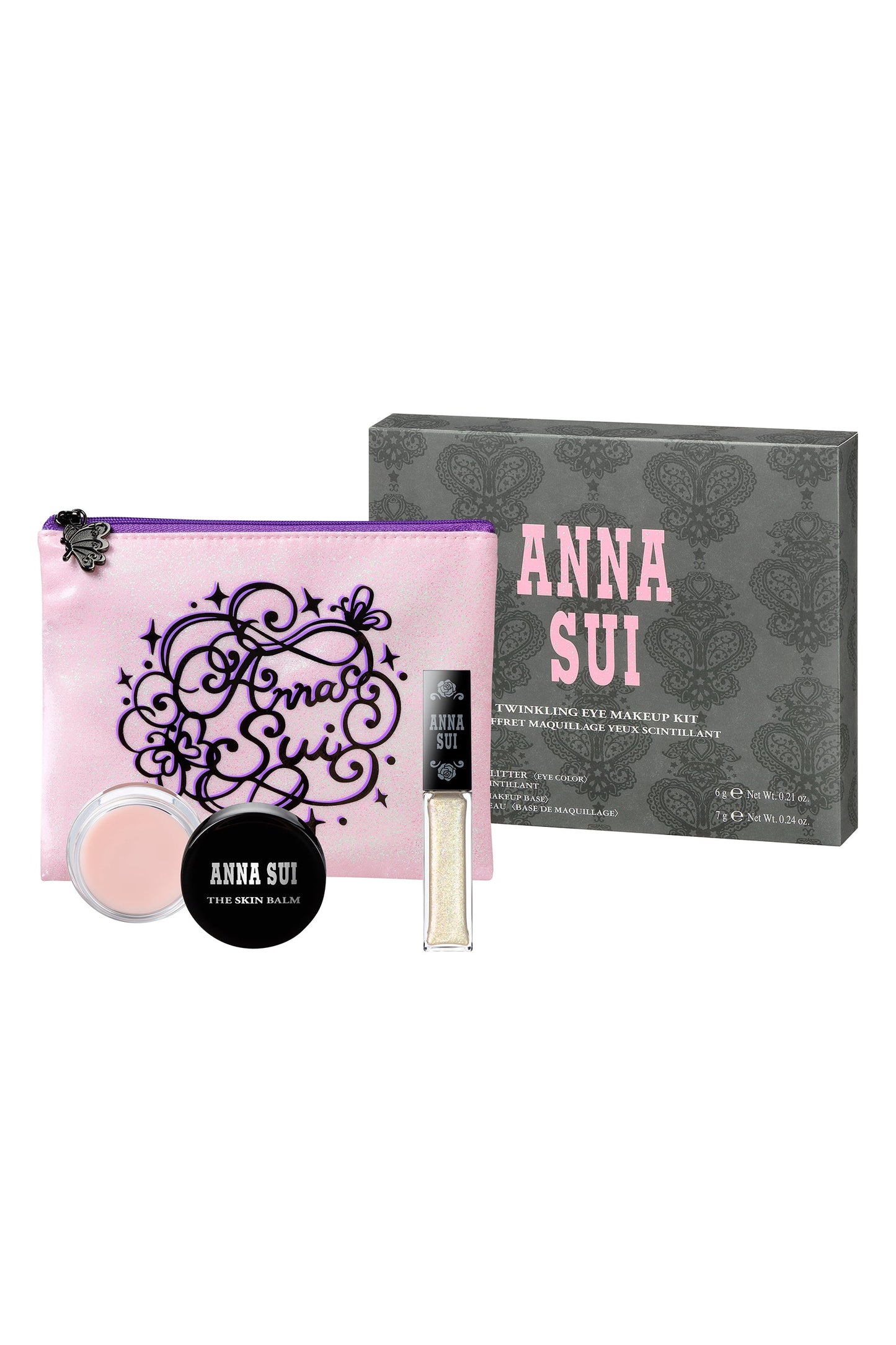 Twinkling Eye Makeup grey box, pink A.S. label, pink pouch, PEARLESCENT WHITE Eye Glitter