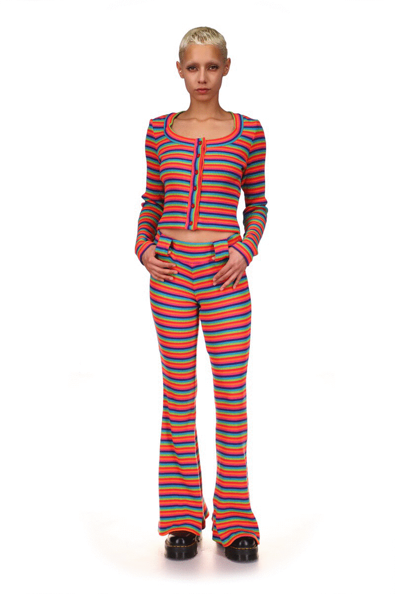 Rainbow Stripe Sweater is a repetitive lines top/bottom of, dark blue, light blue, green, orange, light orange and pink 