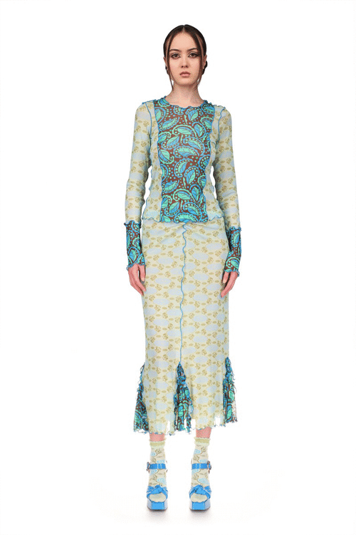 Swirling Leaves Combo Mesh Skirt <br> Turquoise Multi - Anna Sui