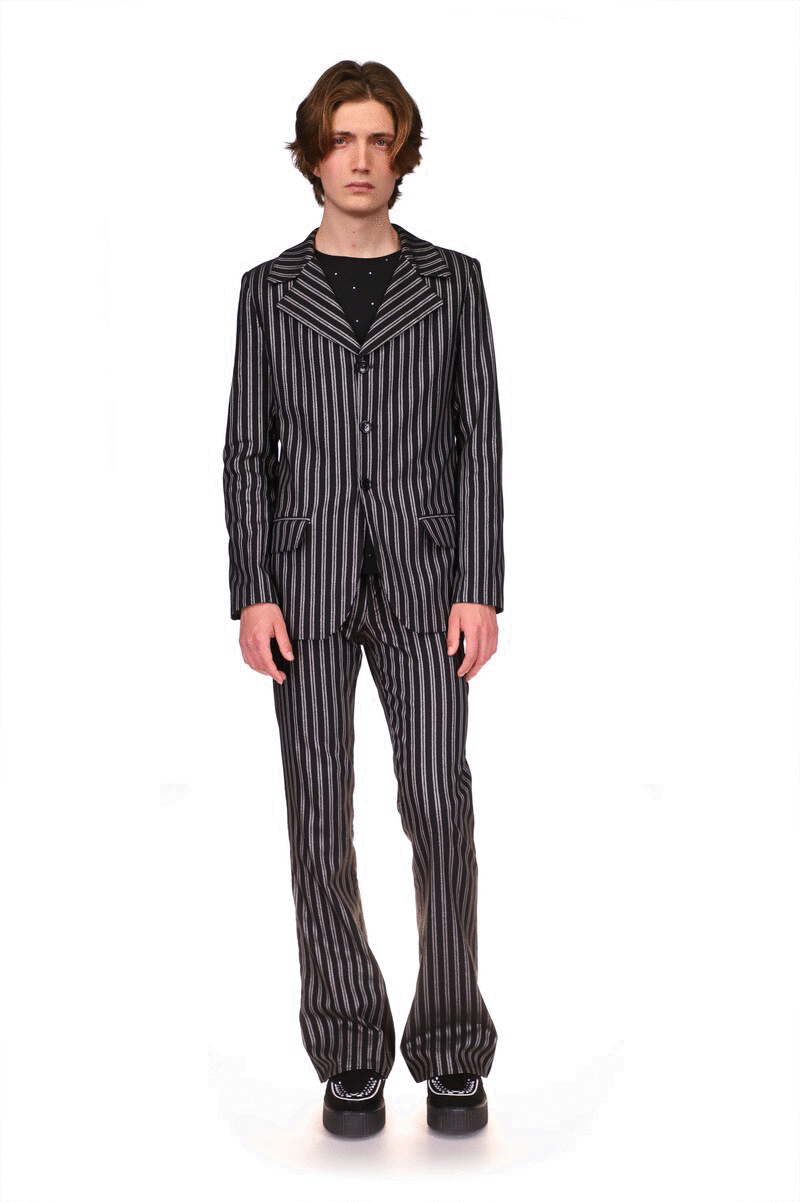 Pinstripe Jacket Black, long sleeves, large V-collar, 2 pockets, black and white stripes down, 3 buttons, cut bottom back