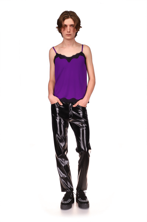 Genderless Pants, above ankles, 2 front pocket, front zipper, in a shiny black texture, long stiches on side hems