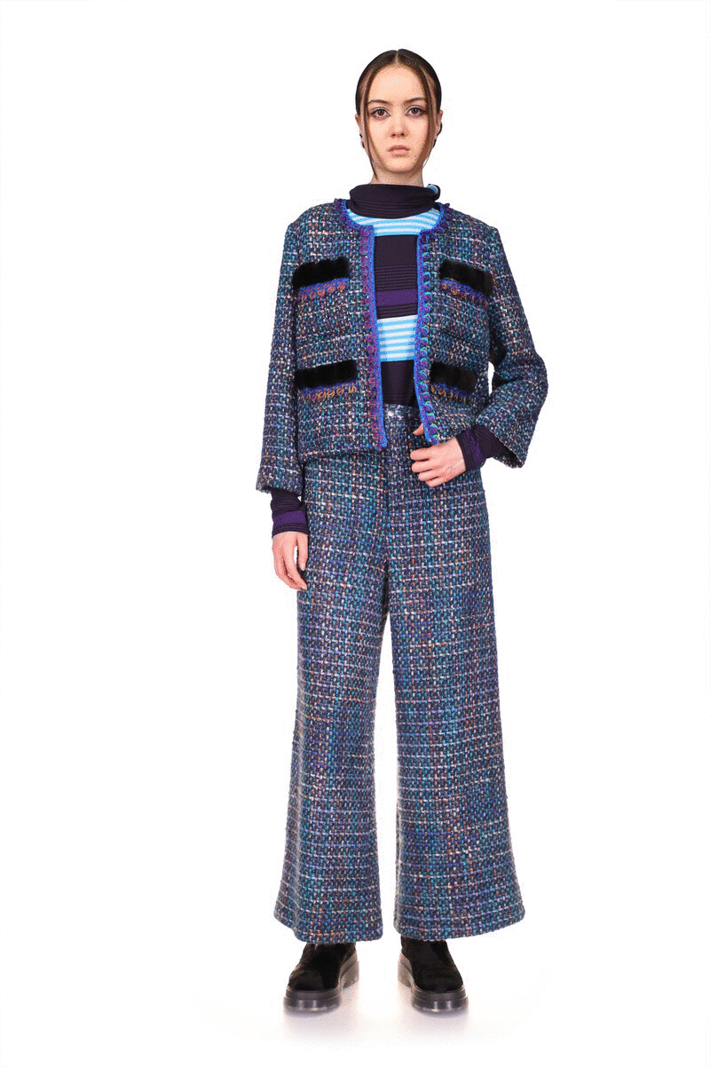 Pantalon en tweed Turquoise Multi, hauteur au-dessus des hanches, bouton brillant pour le fermer, 2 poches dans le dos 