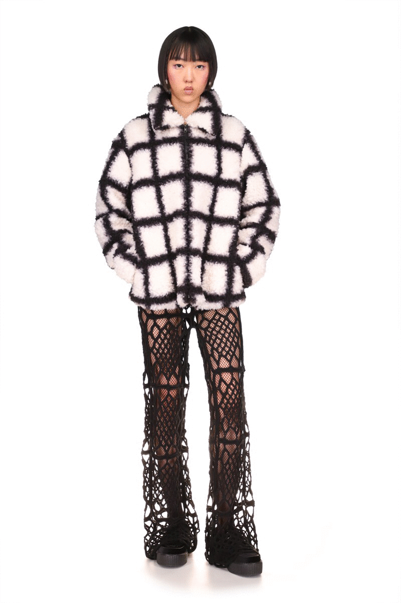 Windowpane Faux Fur Jacket Black is under hips long, white with large black squared lines