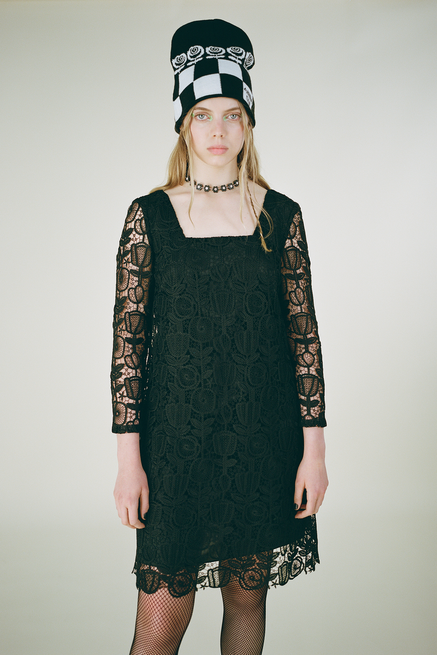 Garden Lace Madonna Dress Black, transparent lace on black support fabric, with floral design