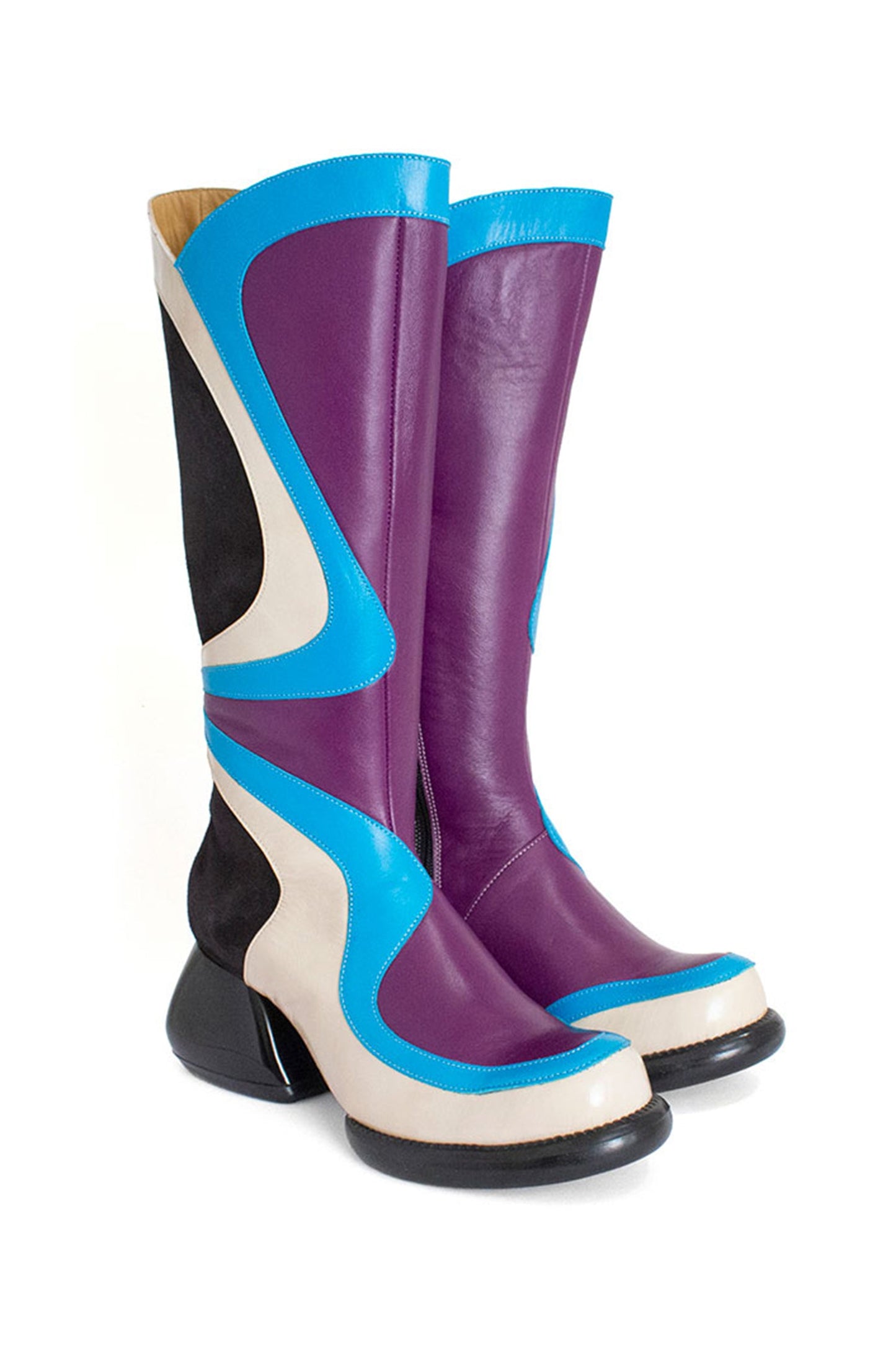 Warhol Boot, Orchid wave in front, with a blue and a white highlight, black in the back, sole, heels
