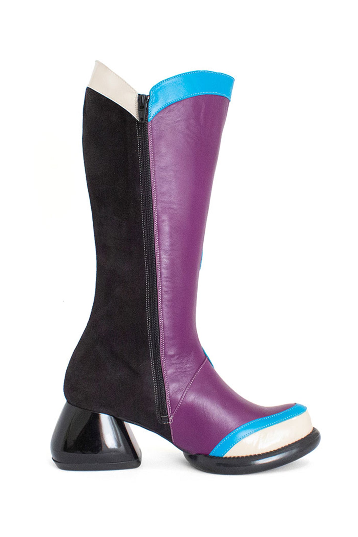 Anna Sui x John Fluevog Warhol Boot Orchid, back, sole and pyramidal heel is black