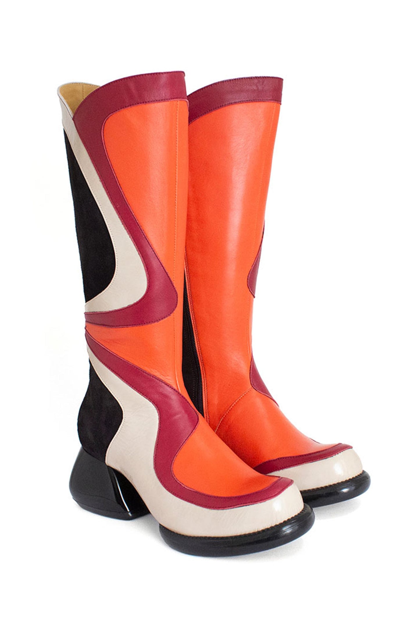 Anna Sui x John Fluevog, front Orange wave, a red and a white highlight, black in the back