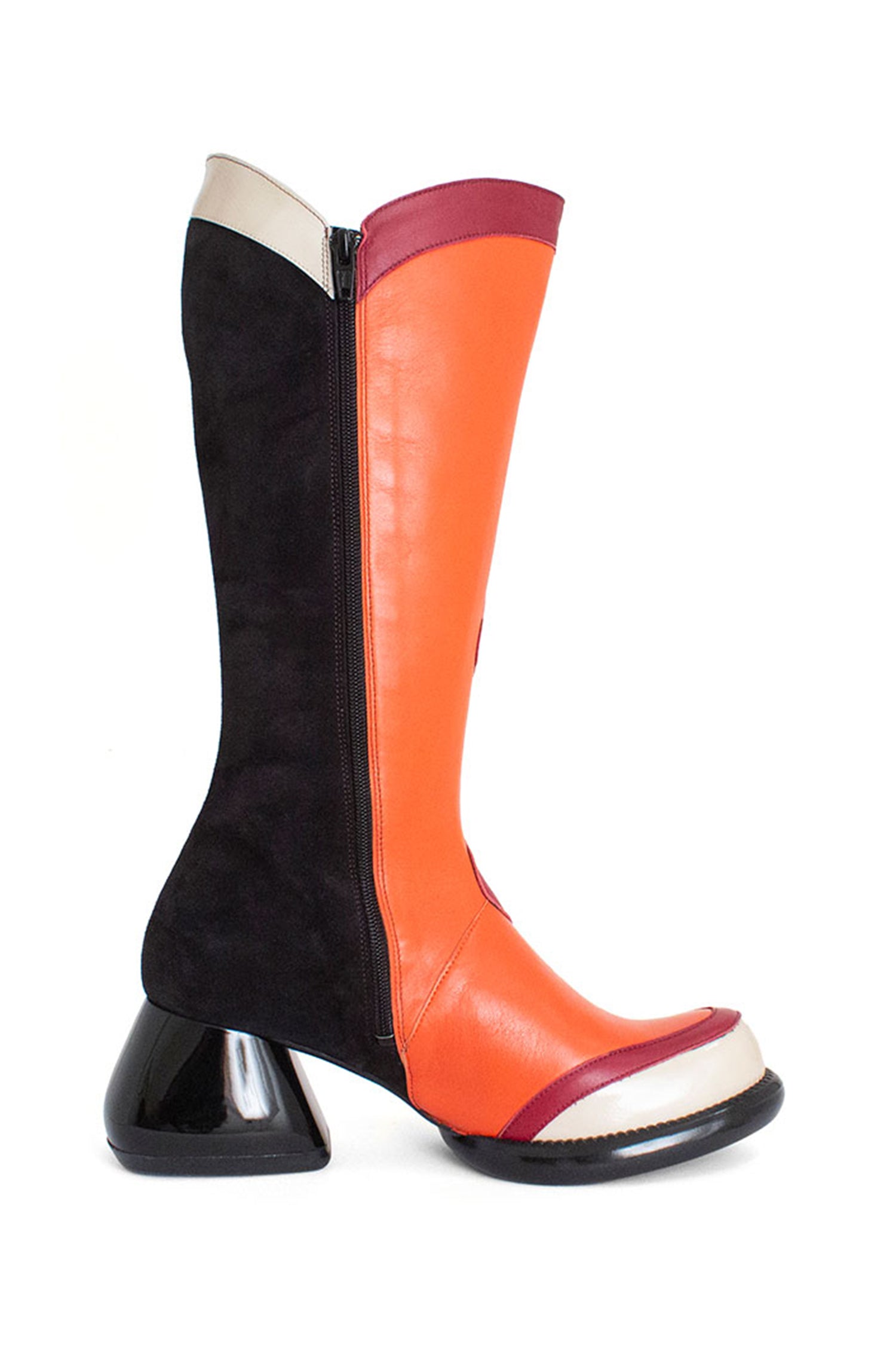 Anna Sui x John Fluevog Warhol Boot orange, back, sole, and pyramidal heel is black