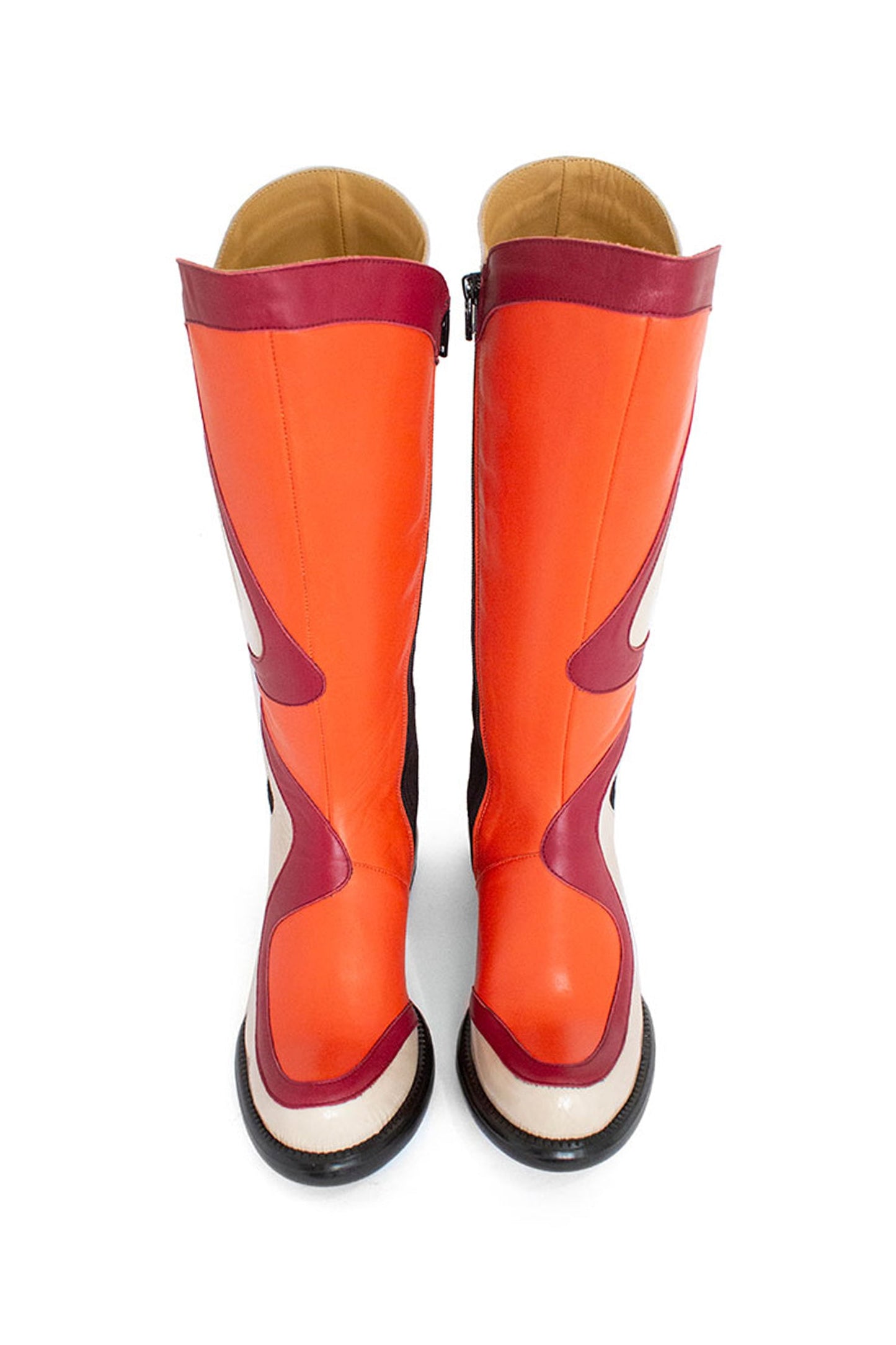 Anna Sui x John Fluevog Warhol Boot orange, back, sole and pyramidal heel is black