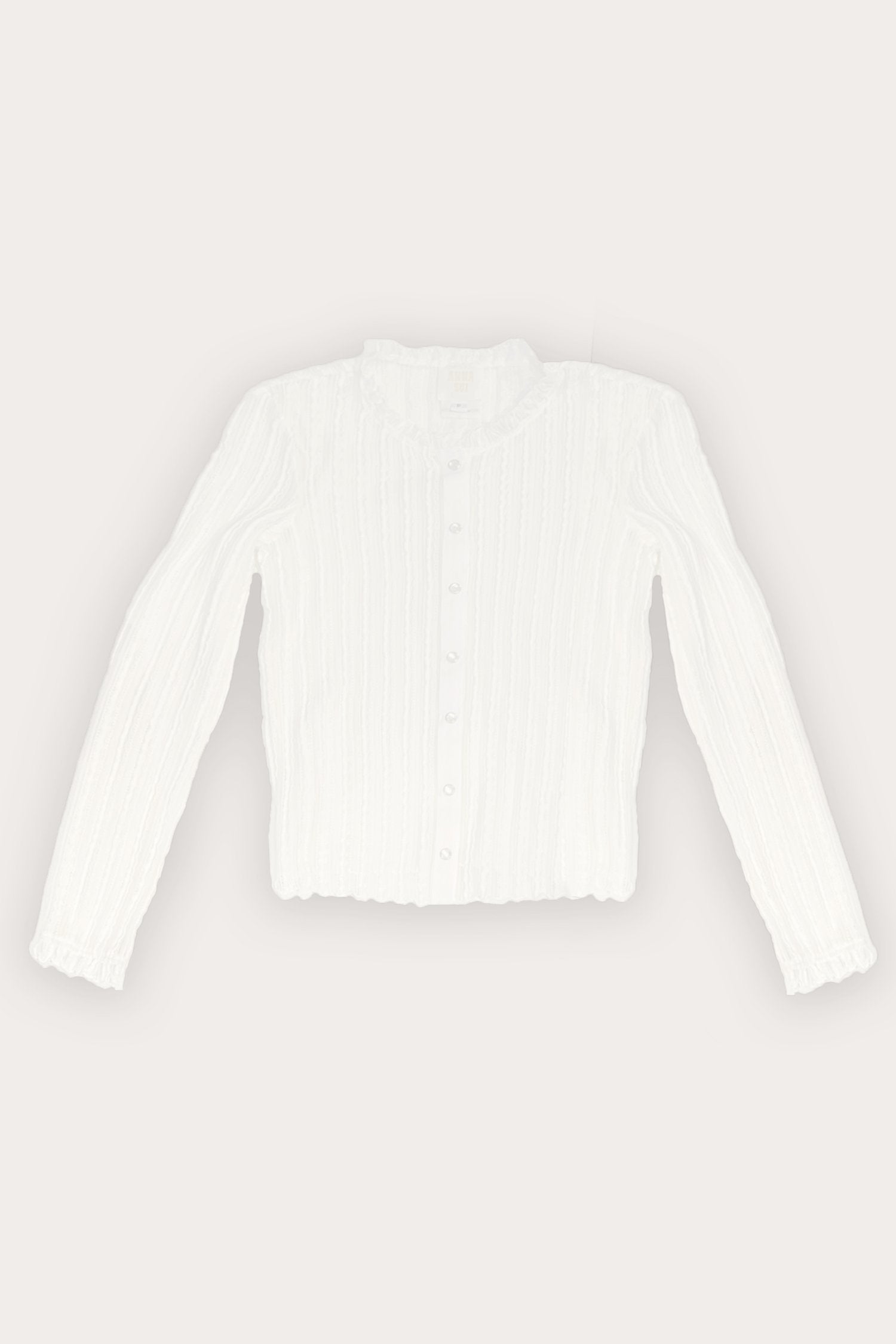 Anna Sui Ruffle Knit Lace Button Top White, ruffles lines effect 
