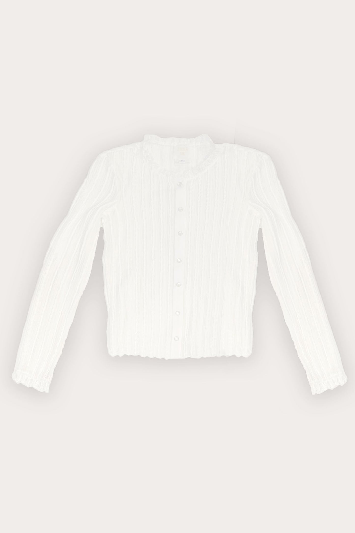 Anna Sui Ruffle Knit Lace Button Top Blanco, efecto de líneas de volantes 