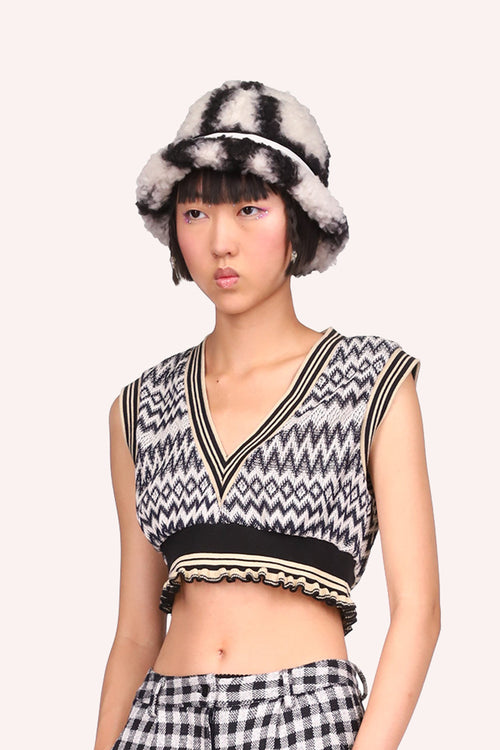 Windowpane Faux Fur Bucket Hat <br> Black Multi - Anna Sui