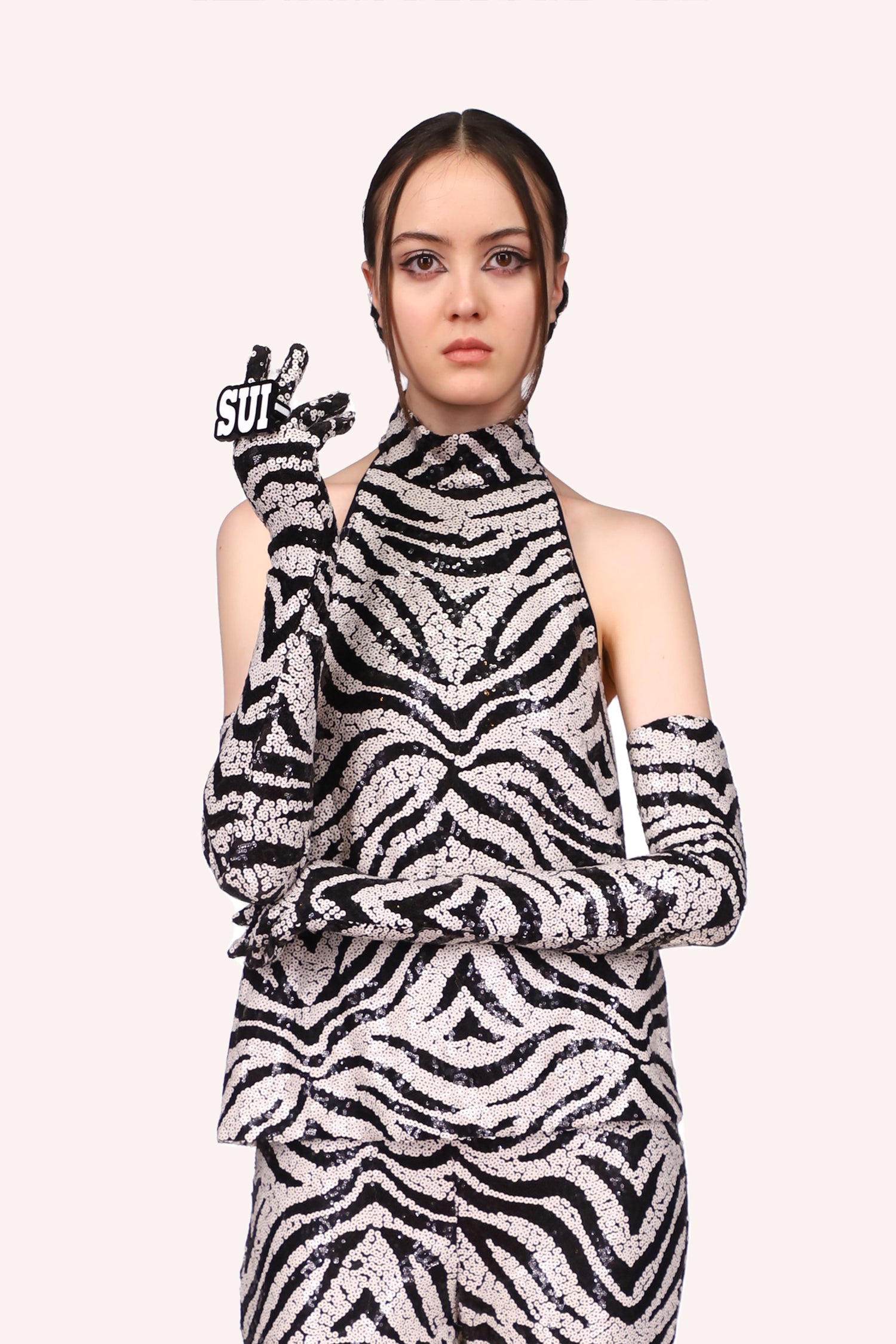 Zebra Sequins Gloves black and white sequin make as a zebra design pair with zebra sequin dress