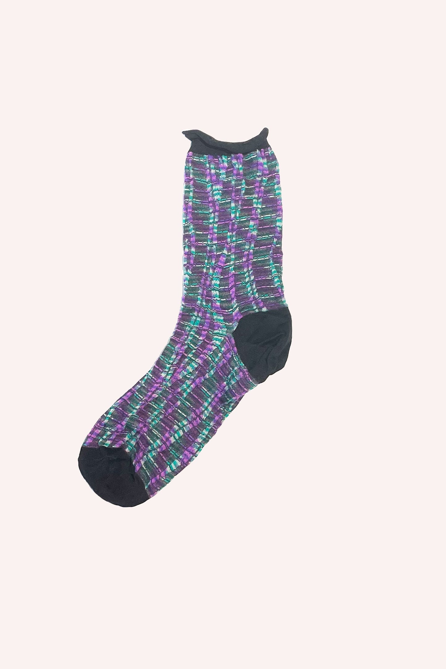 Sock Blue Multi the front, heels, and top in black, lines top to bottom of dark blue/pink on lighter 